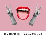 Two female hands showing a peace gesture and women wide open mouth showing tongue isolated on a pink color background. Trendy abstact collage in magazine style. 3d contemporary art. Modern design