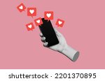 Female hand holds mobile phone with black blank screen with like symbols from social networks isolated on pink color background. 3d trendy collage in magazine style. Contemporary art. Modern design