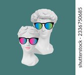 Small photo of Antique statue's heads David and Aphrodite in sunglasses on green color background. Man and woman. Modern design. Contemporary art. Trendy collage in magazine style. Contemporary art. Modern design