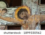 Small photo of Old image crucifixion of Jesus Christ on wooden cross. (concept of self-sacrifice)