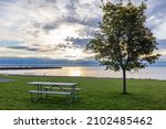 Small photo of Tawas City, Michigan, USA - October 23, 2021: View of Tawas Bay, on Lake Huron from the Shoreline Park