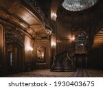 Small photo of LVIV, UKRAINE - FEBRUARY 13, 2021: The building of the former noble casino, now the House of Scientists. Interior of the magnificent mansion with ornate wooden staircase and atrium in the great hall.