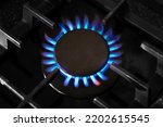 Gas burner with a blue flame on a black kitchen stove, with a cast-iron grate, top view, selective soft focus. gas crisis.