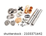 Small photo of car kingpin repair kit, auto chassis repair parts, chassis truck repair parts kit, selective focus, white background, close-up