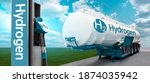 Small photo of Tank trailer with hydrogen and H2 filling station on the background of a green field and blue sky. Renewable energy