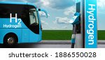 Small photo of Tourist bus on hydrogen fuel with H2 filling station on a background of green field and blue sky