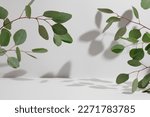 Small photo of Green eucalyptus branch with beautiful shadows on empty light grey background. Backdrop for product presentation. Beauty cosmetic advertising display mockup. Minimal still life. Front view.