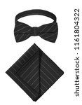 Small photo of A pinstripe bow tie and matching pocket square isolated on a white background. The black neckwear pre-tied in a classic butterfly shape. Elegant accessories to complement men's formal suits or shirts.