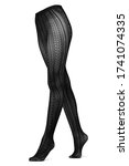 Small photo of Detailed shot of black lacy fishnet tights with fancy jacquard pattern. A female figure in the stylish tights is located on the white backdrop.