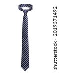 Small photo of Subject shot of blue silk tie with light stripes. Classic necktie is isolated on the white background.