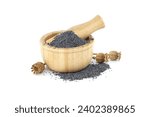 Dried poppy seed pods and poppy seeds in wooden mortar with pestle isolated on white background, full depth of field