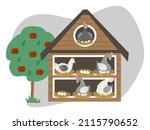 Chicken coop vector illustration. Hens incubate eggs in nests in henhouse. Farming and rearing poultry