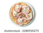 Small photo of italian 'mortadella' pizza with mozzarella, provola, mortadella, stracciatella di bufala cheese out of the oven and pistachios grains, clipping path on white background