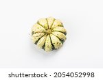 Ripe green pumpkin isolated on white background. Whole squash, traditional festive decorative element for Halloween or Thanksgiving