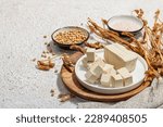 Small photo of Fresh Tofu cheese with soybeans. Cube pieces, healthy ingredient for vegan lifestyle, modern stand, trendy hard light, dark shadow. Plaster background, flat lay, copy space