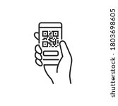 Mobile application, QR code scanning in smartphone black line icon. City transport rental. Pictogram for web, mobile app, promo. UI UX design element