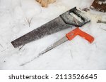 Two wood saws on snow, Survivalist tool for winter forest recreation