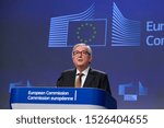 Small photo of Brussels, Belgium. 9th October 2019. European Commission President Jean-Claude Juncker gives a statement on the passing away of journalist Pierre Bocev at the European Commission.