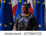 Small photo of Charles MICHEL, President of the European Council welcomes Ngozi OKONJO IWEALA, Director-General of the World Trade Organisation (WTO) in Brussels, Belgium on March 16, 2023.