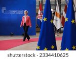 Small photo of European Commission President Ursula von der Leyen arrives for a EU Summit, at the EU headquarters in Brussels, on June 29, 2023.
