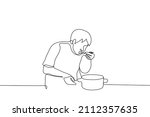 man eats with spoon straight... | Shutterstock .eps vector #2112357635