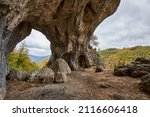 Small photo of The huge arch of the outlaw surah, the oltet gorges, gorj county romania