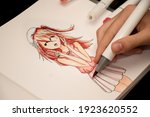 Hand drawing a cute girl anime style sketch with alcohol based sketch drawing markers.