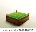 House symbol with location pin icon on cubicle soil and geology cross section with green grass, ground ecology isolated on light color. real estate sale, property investment concept. 3d illustration.