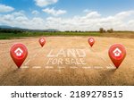 Small photo of Land plot management - real estate concept with a vacant land on a green field available for building construction and housing subdivision in a residential area for sale, rent, buy or investment.