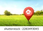House symbol with location pin icon on earth and green grass in real estate sale or property investment concept, Buying new home for family - 3d illustration of big advertising sign.