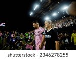 Small photo of Fort Lauderdale, FL, USA. 11th August 2023. 10-Lionel Messi of Inter Miami and Harper Beckham during the match Charlotte FC vs. Inter Miami CF at DRV Pink Stadium in Florida, USA.