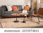 Small photo of Mid-Century Modern Living Room with Gray Upholstered Sofa, Decorative Throw Pillows, Warm Beige Blanket, Round Wood Side Table, Decorative Glass Bottle Vases, Leather Lounge Accent Chair, Area Rug.