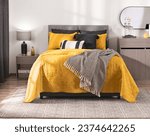 Vibrant Bedroom Atmosphere, Quilted Yellow Comforter Contrasting with Monochrome Throw Blanket on Cozy bed, Accented by Sleek Gray Nightstand, Minimalist Wooden Dresser, Over a Complementary Area Rug.