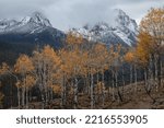 Small photo of Panoramascene of the sawtooth mountain range in the fall on the hike to Thompson peak near fishhook creek with aspen trees in the foreground on a fall moody atmospheric day