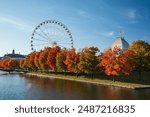 Old Port of Montreal in autumn. Red maples and old Montreal skyline reflected on St. Lawrence River. Fall foliage season in Montreal, Quebec, Canada. La Grande roue de Montreal Ferris wheel.