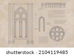Gothic architecture. Vector illustration, drawing on old paper.
