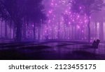 Supernatural fairy firefly lights flying around creepy dead trees in swampy mystical night forest. Fantasy 3D illustration from my own 3D rendering file.
