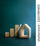Small photo of Home tax, real estate investment, property value concepts. Rise up arrow growth on wooden cube blocks chart steps with minimal wooden house on dark green background with copy space, vertical style.