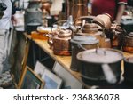 antique pans and pots at the street market in sweden