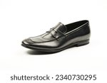 Small photo of Men's black leather moccasins, loafers isolated white background.