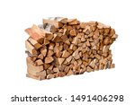 Stacked firewood isolated on white background.