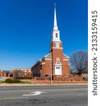 Small photo of GASTONIA, NC, USA-3 MARCH 2022: First United Methodist Church, front view of building. Vertical image.