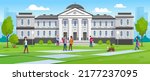 Landscape view of a university with students walking and sitting on the grass at a campus. College or university building in traditional architecture with columns and front yard. Vector illustration.