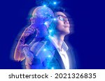 Business investment and metaverse AI artificial intelligence data analysis technology. Businessman and robot future investor, stock market, forex, and crypto currency NFT game finance investment. 