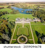 Small photo of CASTLE HOWARD, YORK, UK - OCTOBER 15, 2021. An aerial view of the formal gardens and stately home on The Castle Howard estate in the Howardian Hills near York, UK