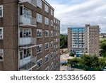 Small photo of KILLINGBECK, LEEDS, UK - AUGUST 25, 2023. Abandoned 1960's tower blocks on a council estate in Killingbeck, Leeds that have been condemned and ready for demolition or re-development after investment