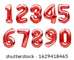 Set with red foil balloons in shape of numbers isolated on white background. Numbers metallic inflatable balloons. Celebration, education, discount and sale or birthday concept