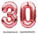 Number 30 thirty made of rose golden inflatable balloons isolated on white. Helium balloons, pink foil numbers. Party decoration, anniversary sign for holidays, celebration, birthday, carnival