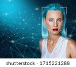 Portrait of a beautiful young woman in futuristic style against the background of dots connected by lines. The concept of digital identification, total control, digital security, personal data