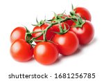 Small photo of Bunch of fresh, red tomatoes with green stems isolated on white background. Clipping path.